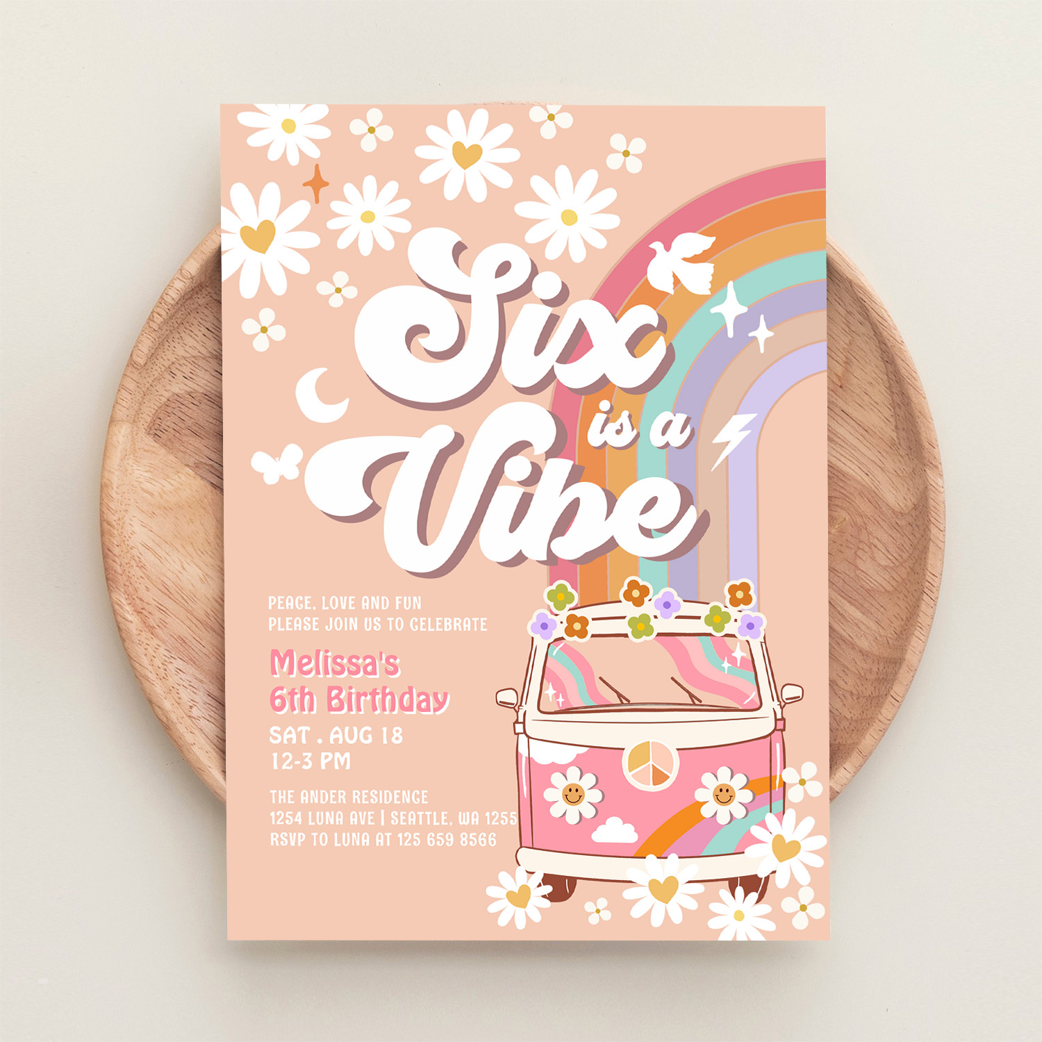 Six Is A Vibe Pink Daisy Rainbow Van Birthday Invitation - Image 7