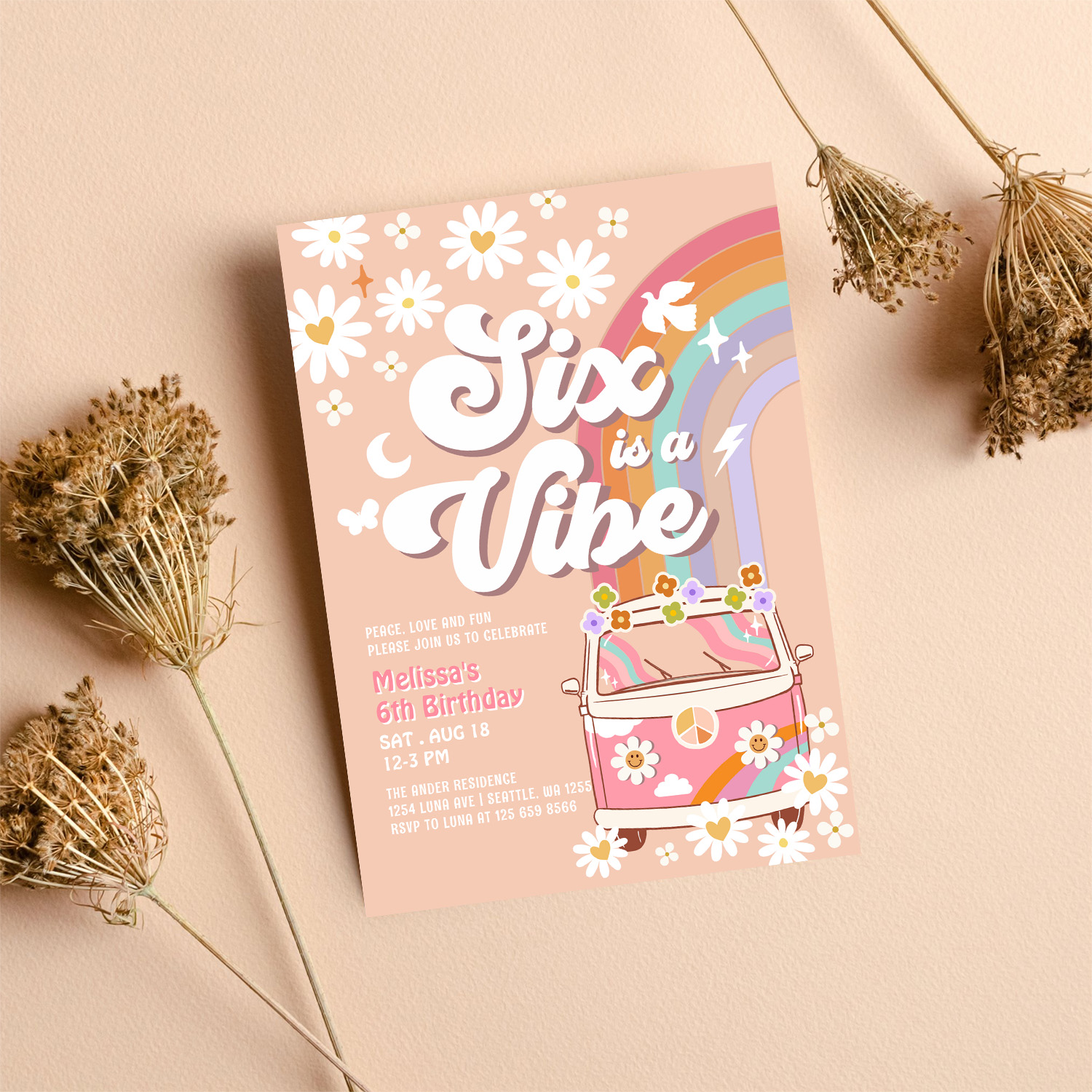 Six Is A Vibe Pink Daisy Rainbow Van Birthday Invitation - Image 8