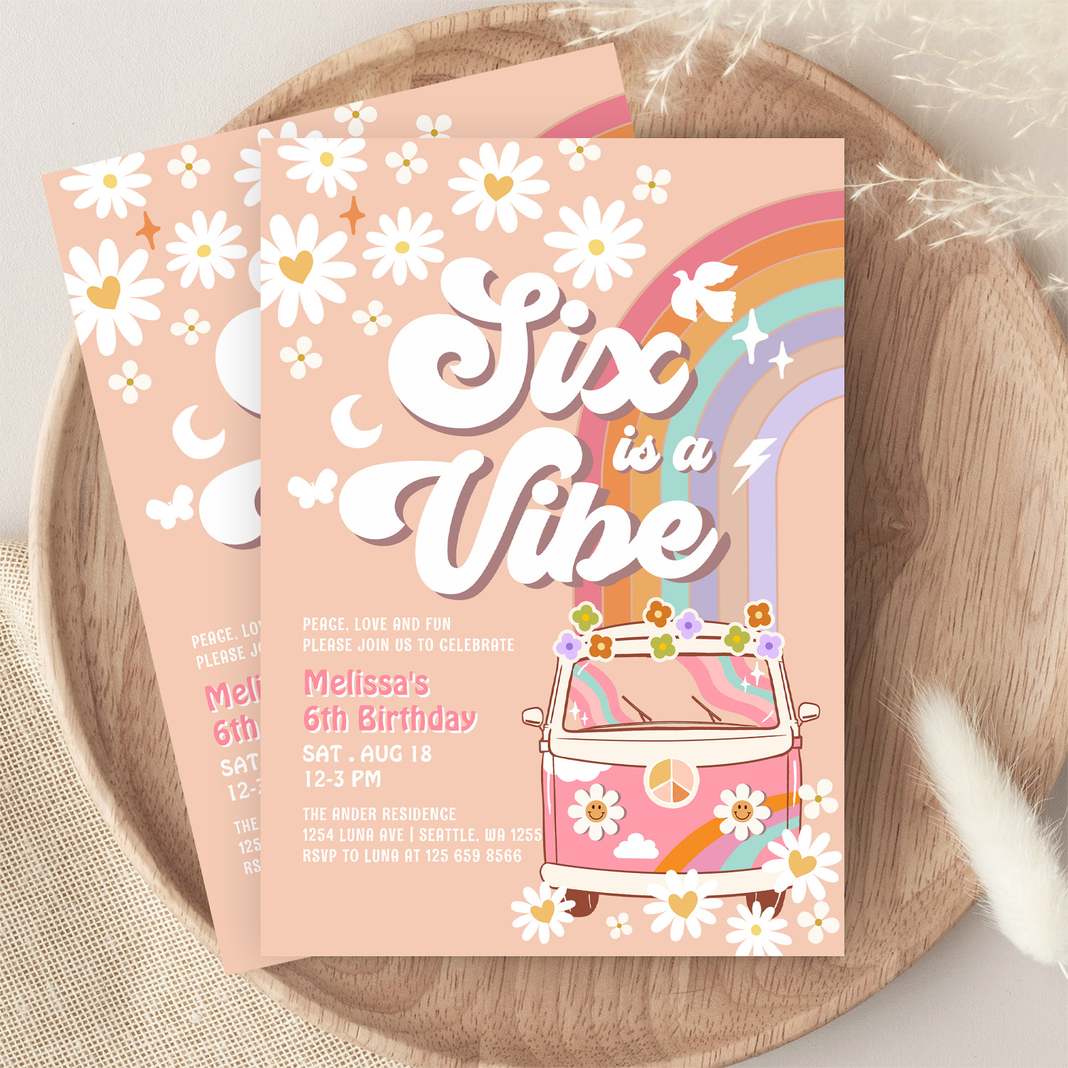 Six Is A Vibe Pink Daisy Rainbow Van Birthday Invitation - Image 9