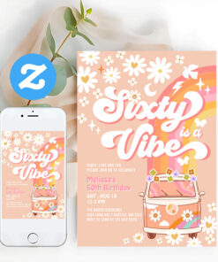 Sixty Is A Vibe Van Groovy Daisy Hippie Birthday Invitation