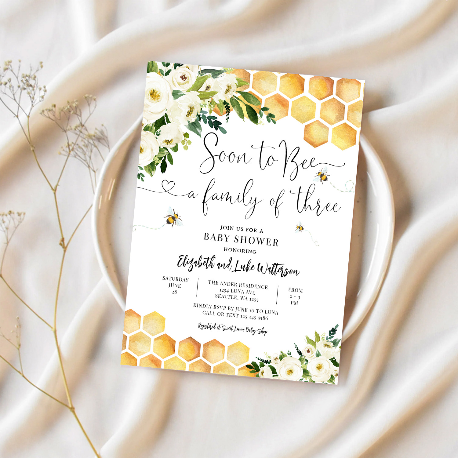 Soon To Bee A Family Of Three Baby Shower Invitation - Image 2