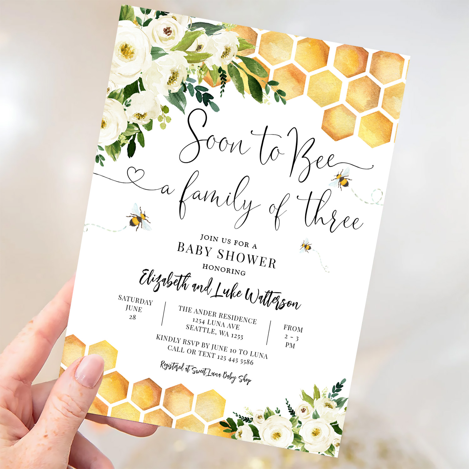 Soon To Bee A Family Of Three Baby Shower Invitation - Image 3