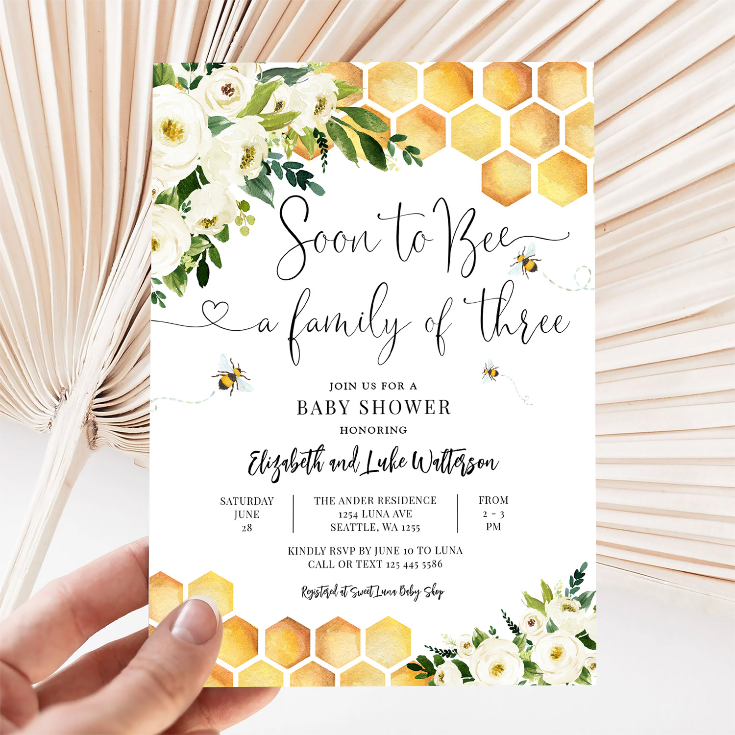 Soon To Bee A Family Of Three Baby Shower Invitation - Image 5