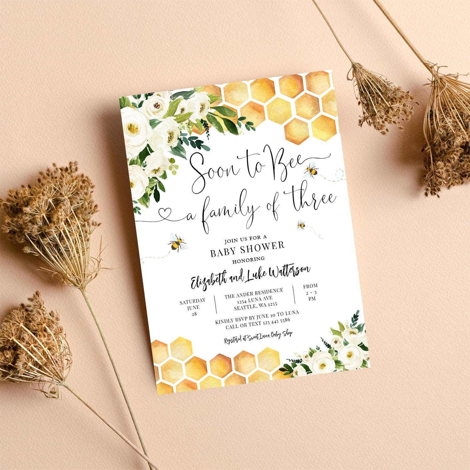 Soon To Bee A Family Of Three Baby Shower Invitation - Image 8