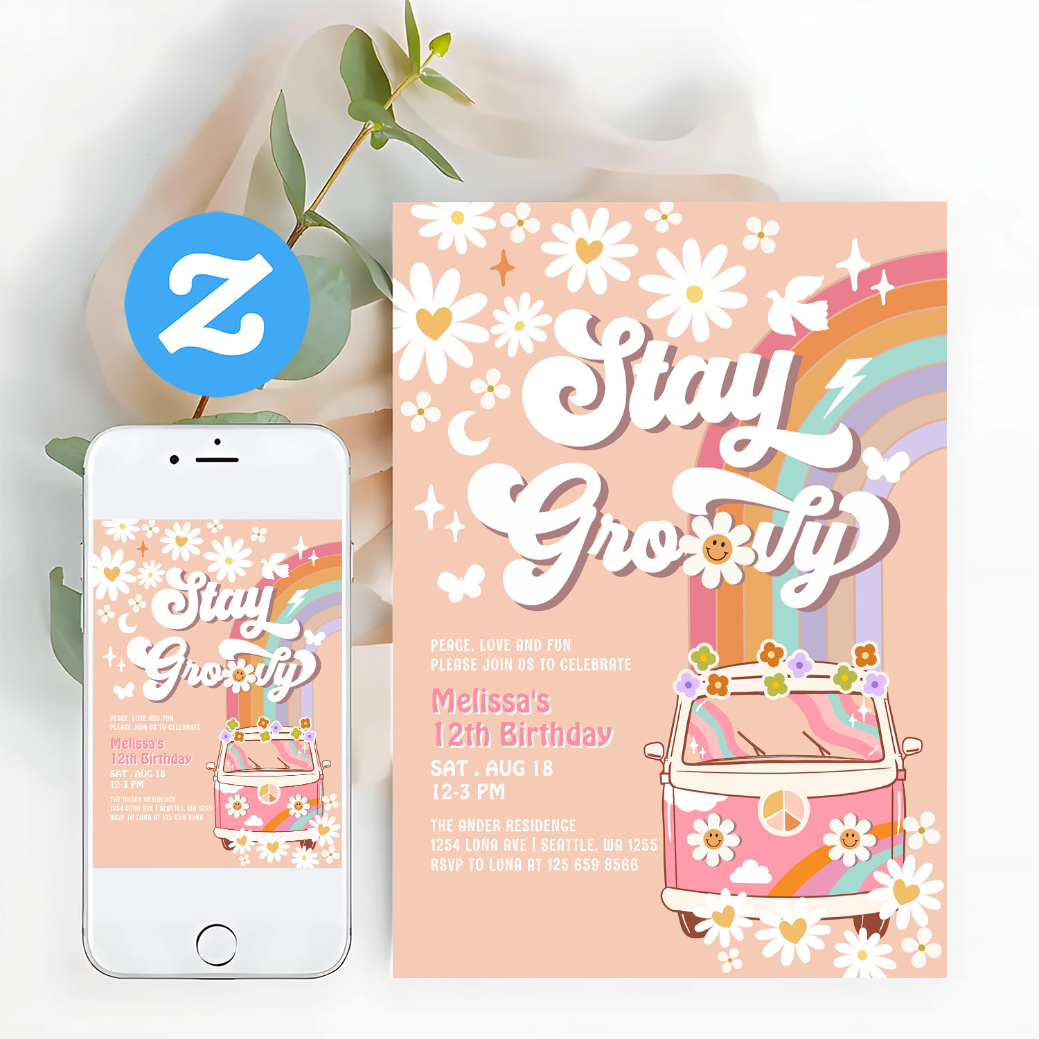 Stay Groovy Hippie 70S Retro 1st Birthday Invitation