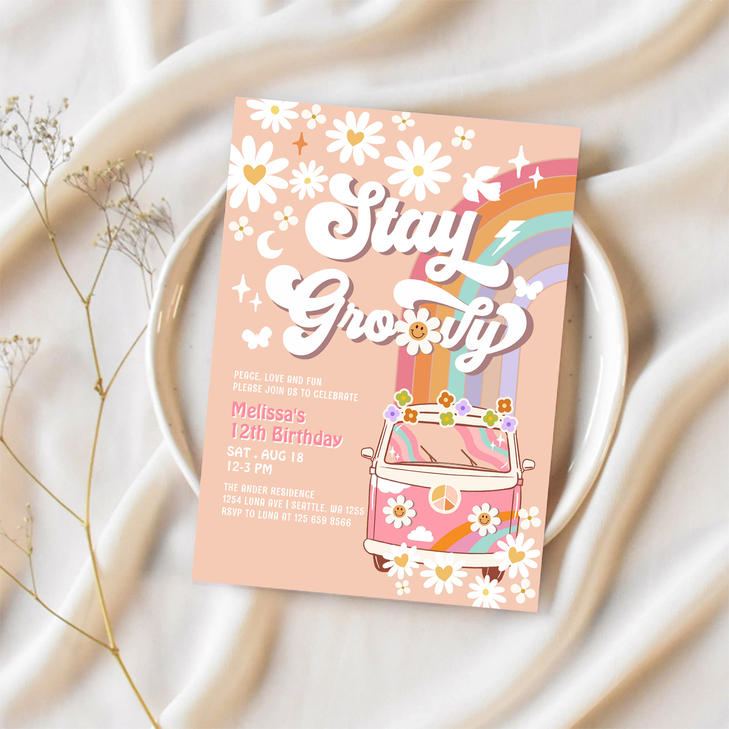 Stay Groovy Hippie 70S Retro 1st Birthday Invitation - Image 2