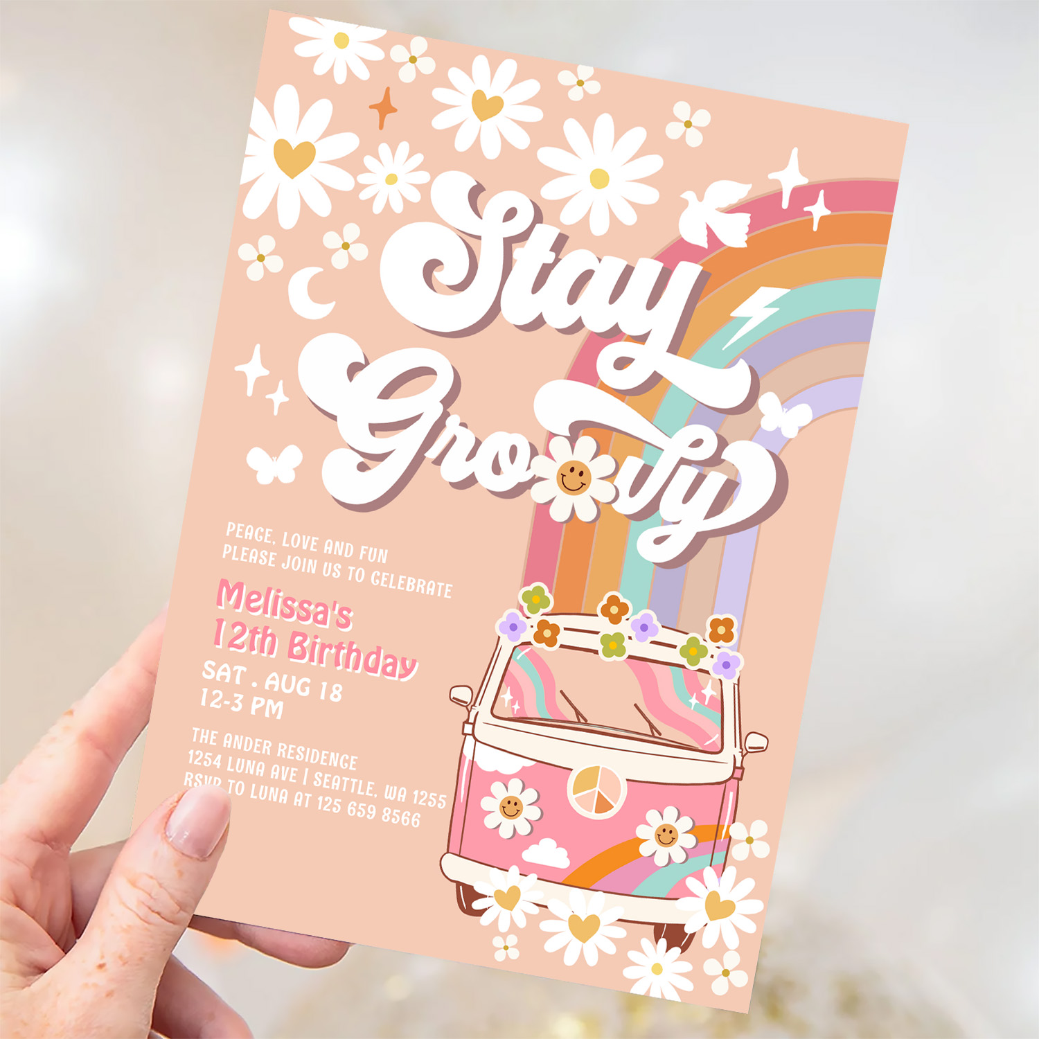 Stay Groovy Hippie 70S Retro 1st Birthday Invitation - Image 3