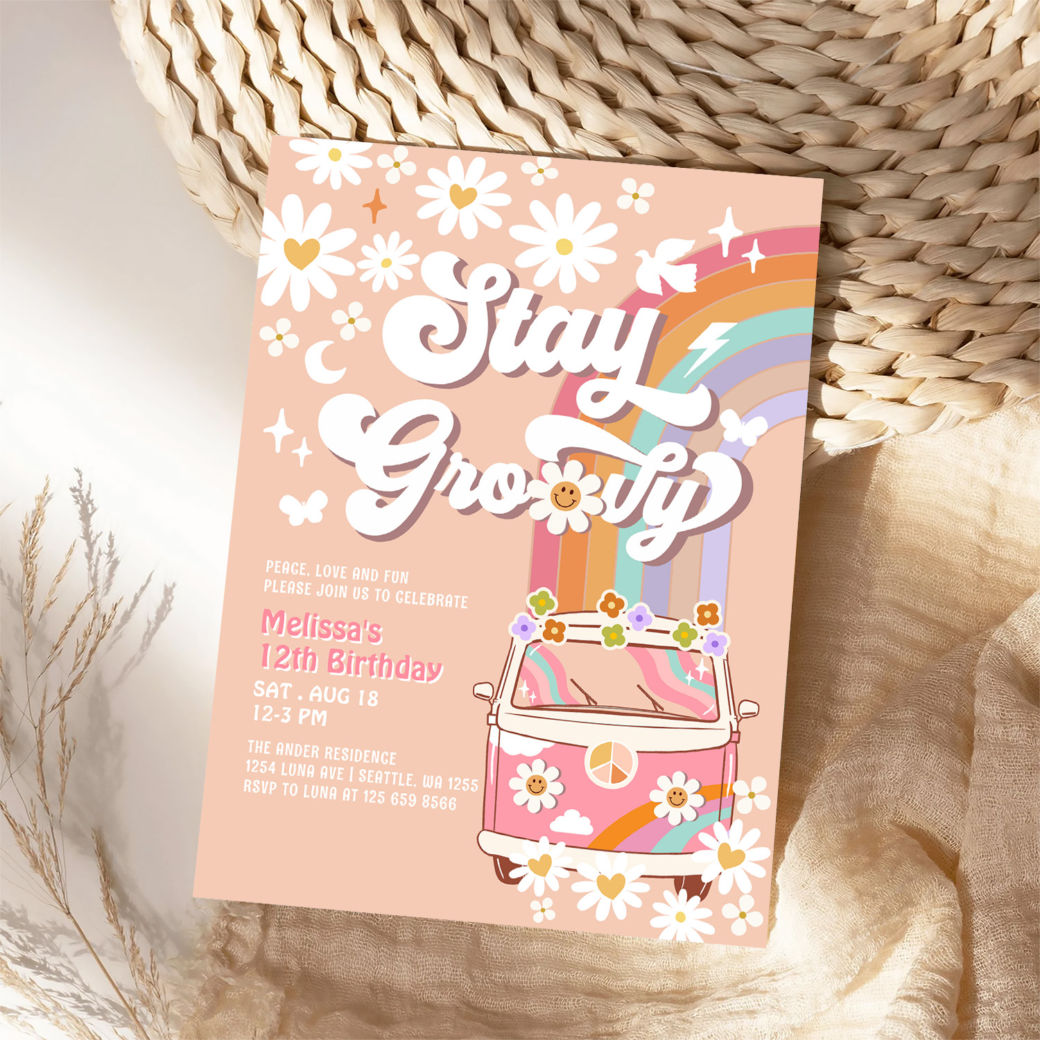 Stay Groovy Hippie 70S Retro 1st Birthday Invitation - Image 4