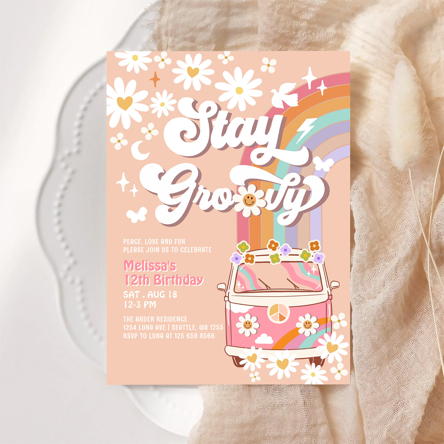 Stay Groovy Hippie 70S Retro 1st Birthday Invitation - Image 6