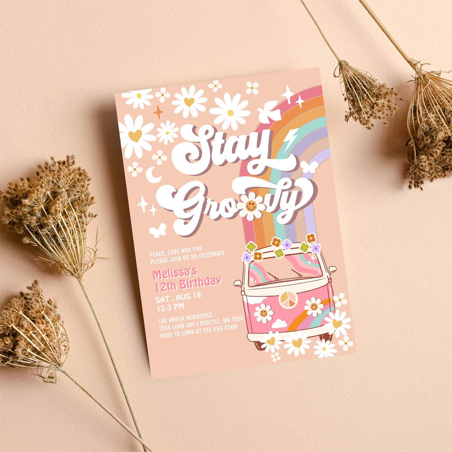 Stay Groovy Hippie 70S Retro 1st Birthday Invitation - Image 8