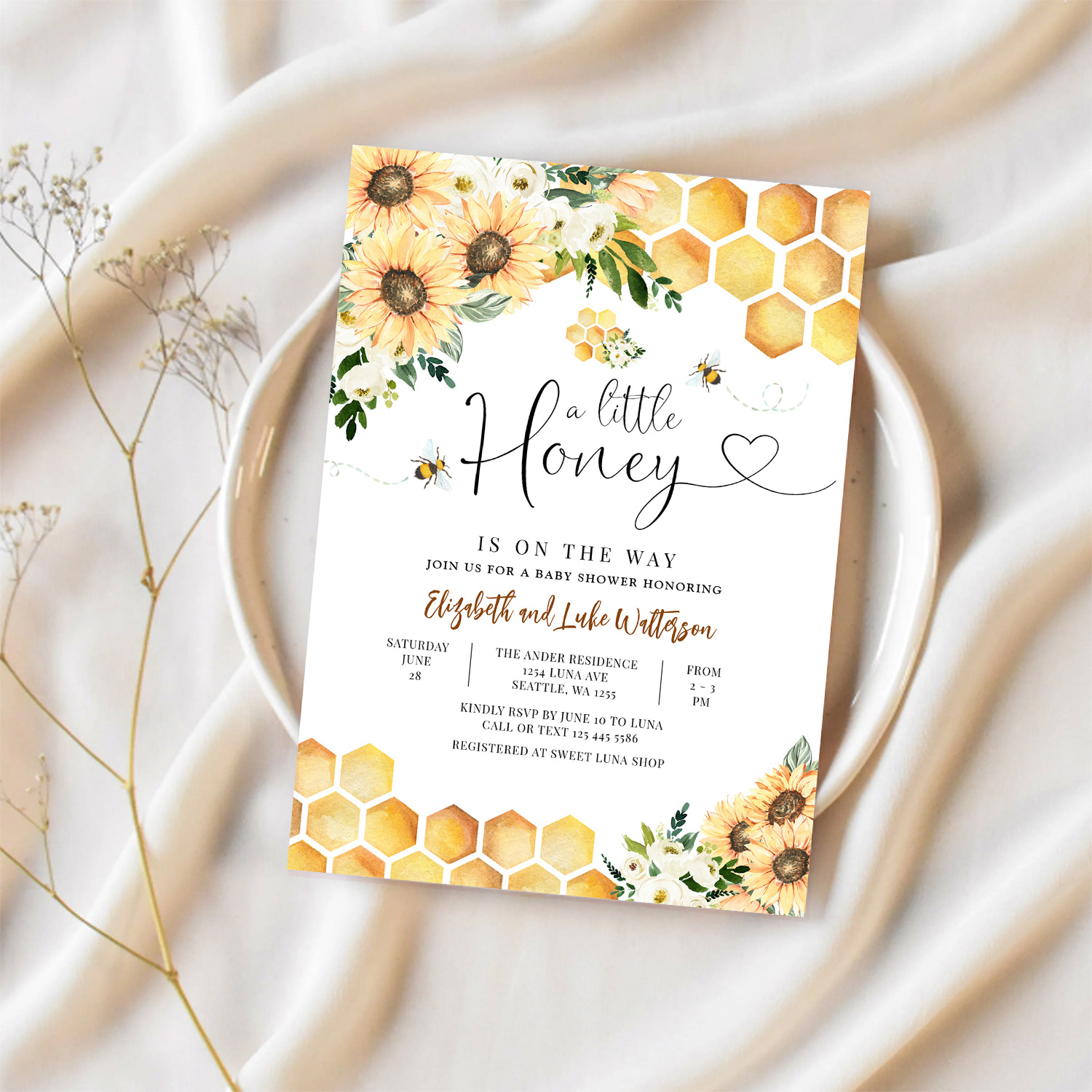 Sunflower Bee A Little Honey Baby Shower Invitation - Image 2