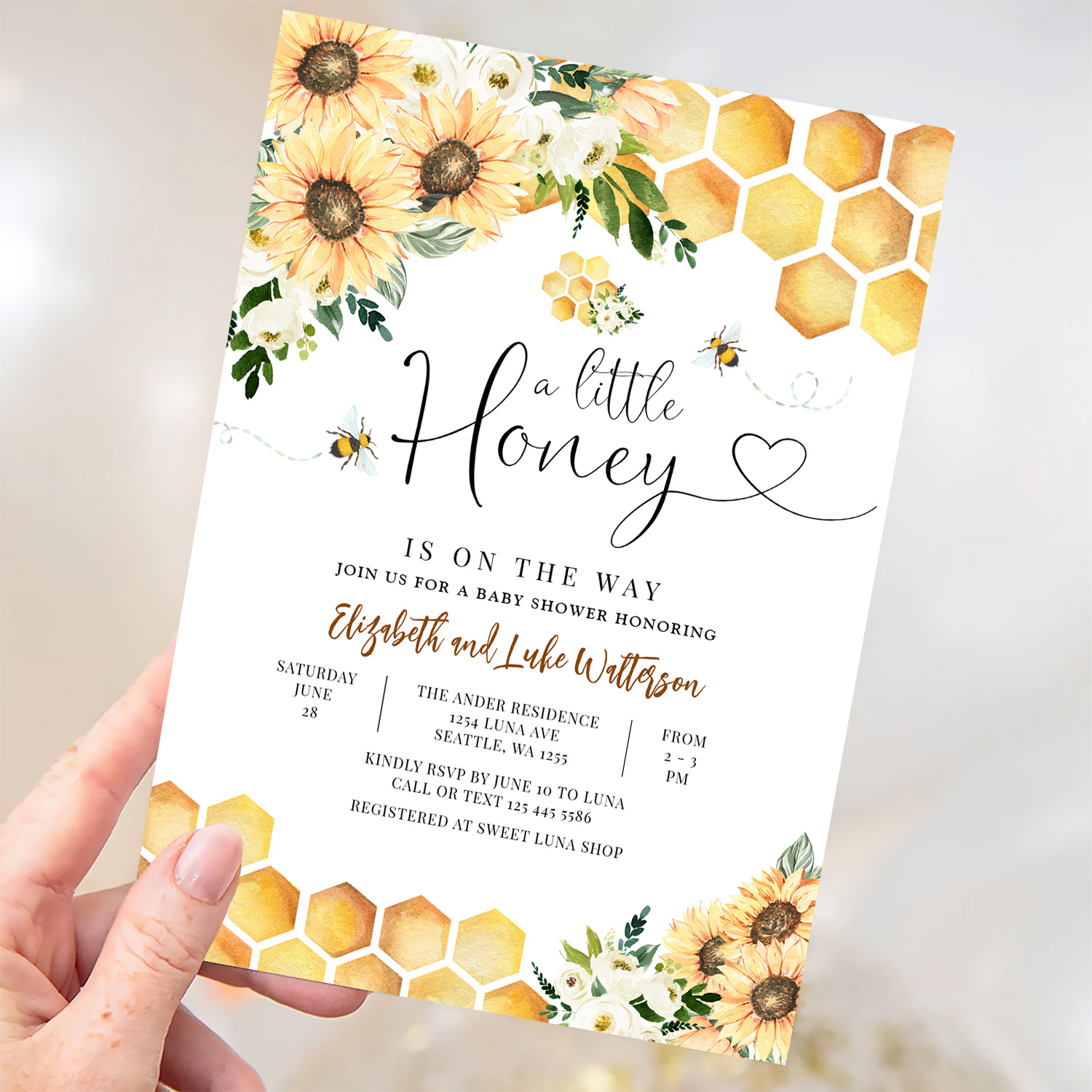 Sunflower Bee A Little Honey Baby Shower Invitation - Image 3