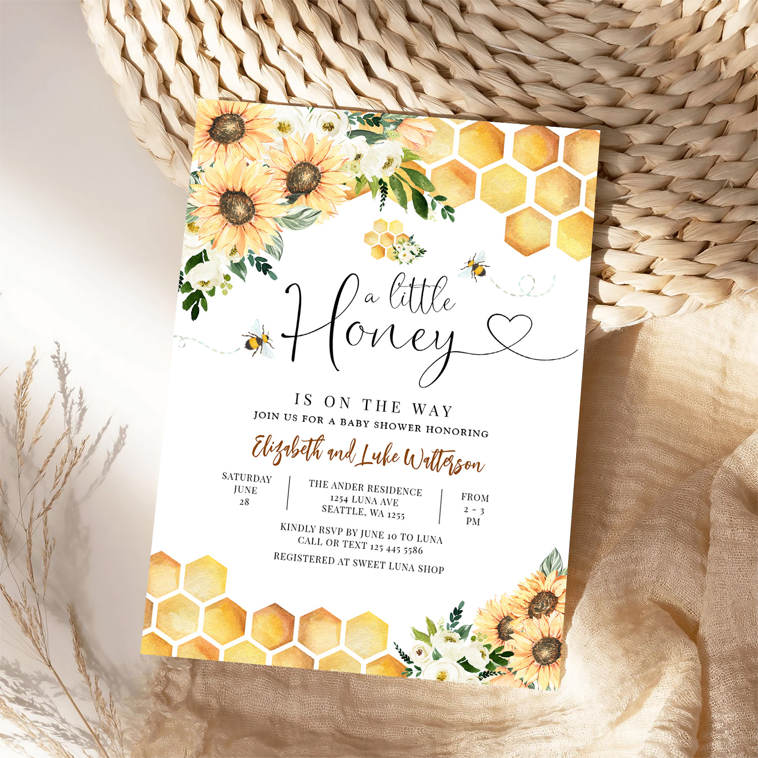 Sunflower Bee A Little Honey Baby Shower Invitation - Image 4