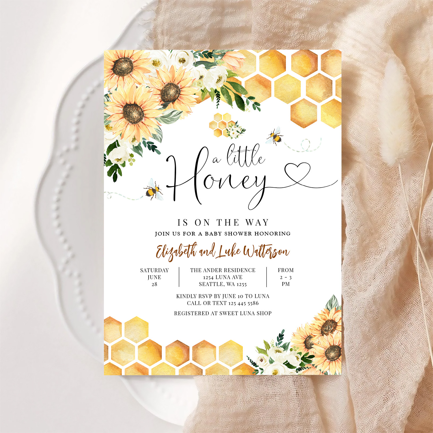 Sunflower Bee A Little Honey Baby Shower Invitation - Image 6