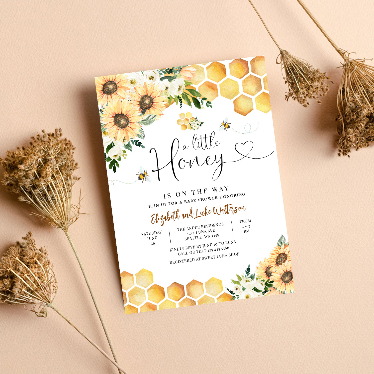 Sunflower Bee A Little Honey Baby Shower Invitation - Image 8