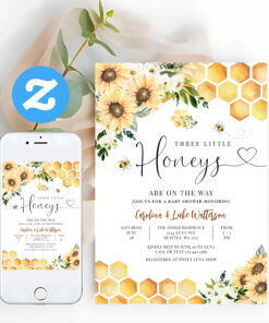 Sunflower Bee Twin Triplet Honey Baby Shower Invitation