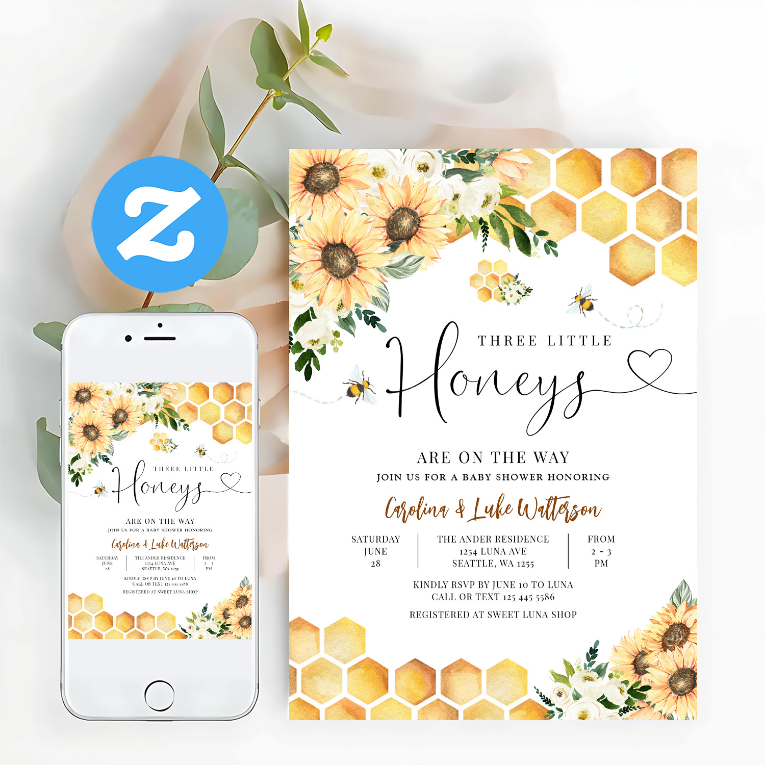 Sunflower Bee Twin Triplet Honey Baby Shower Invitation