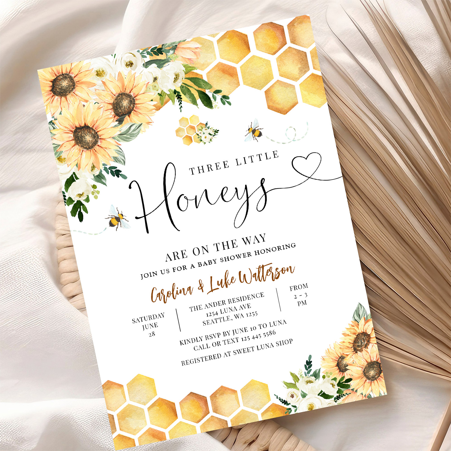Sunflower Bee Twin Triplet Honey Baby Shower Invitation - Image 10