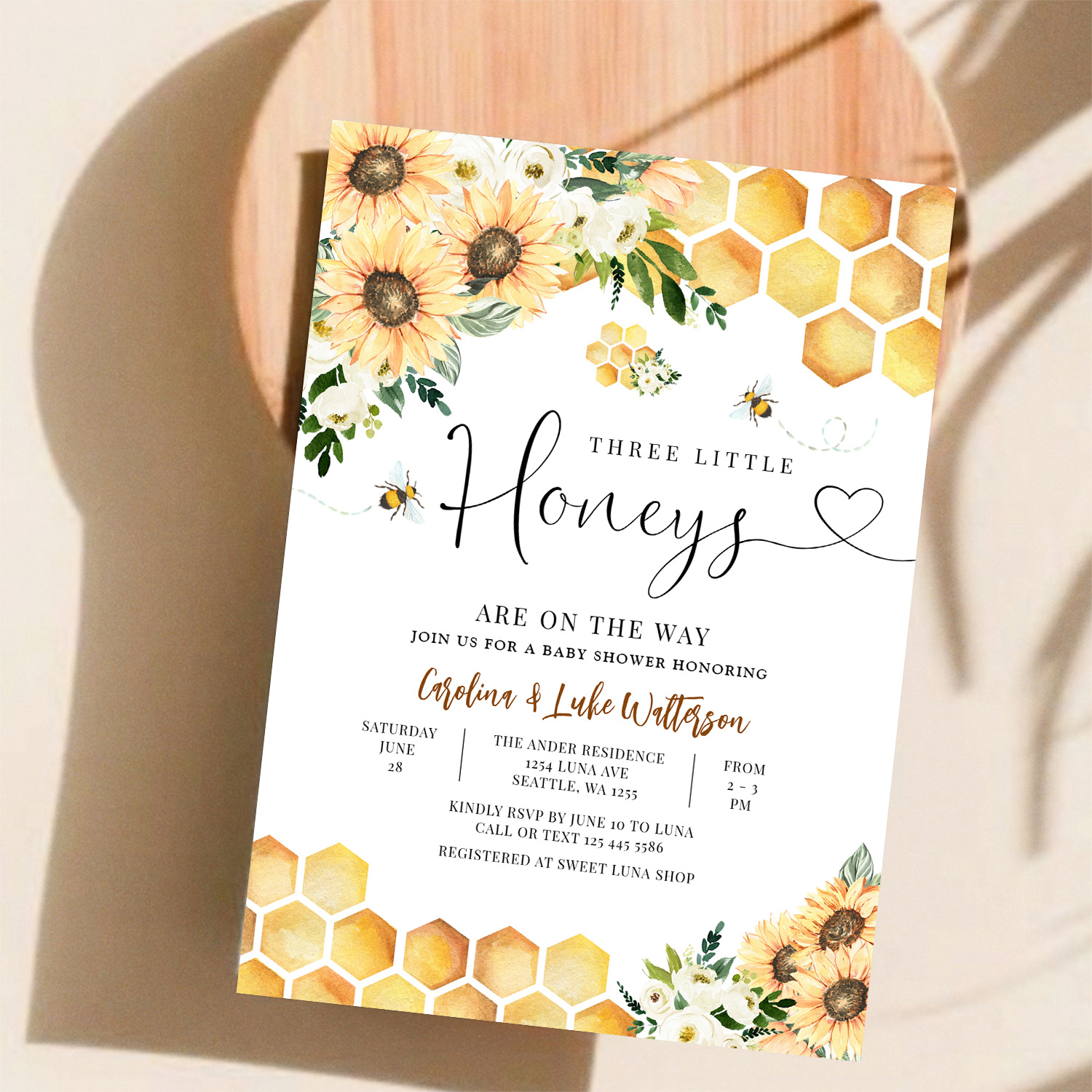 Sunflower Bee Twin Triplet Honey Baby Shower Invitation - Image 11