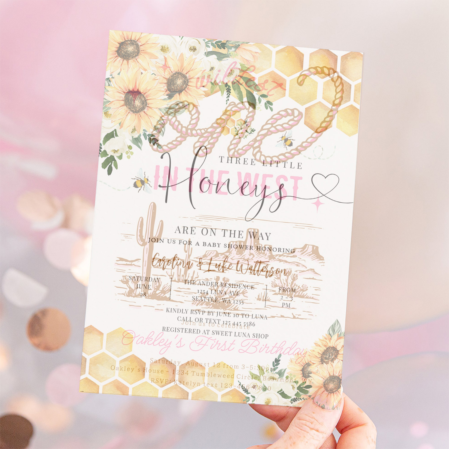 Sunflower Bee Twin Triplet Honey Baby Shower Invitation - Image 12