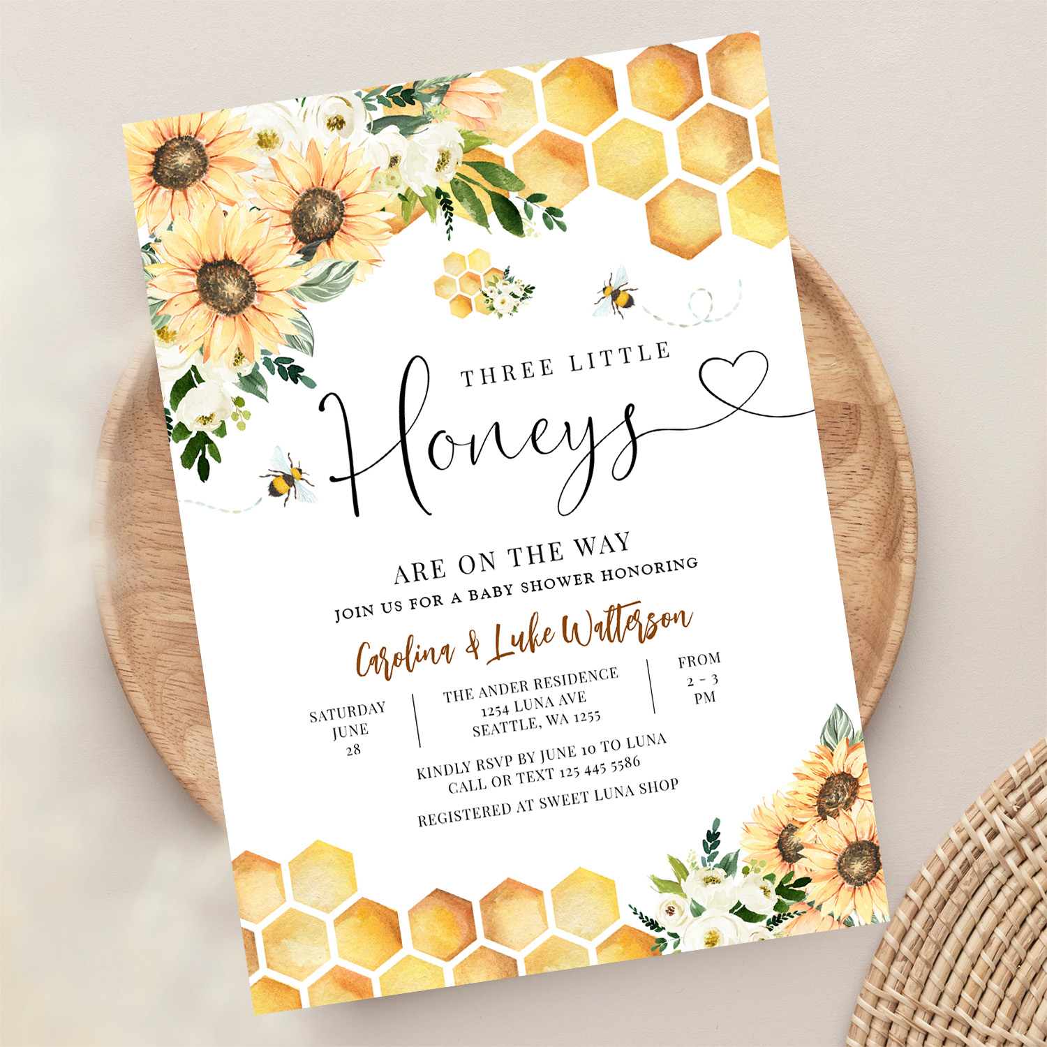 Sunflower Bee Twin Triplet Honey Baby Shower Invitation - Image 13
