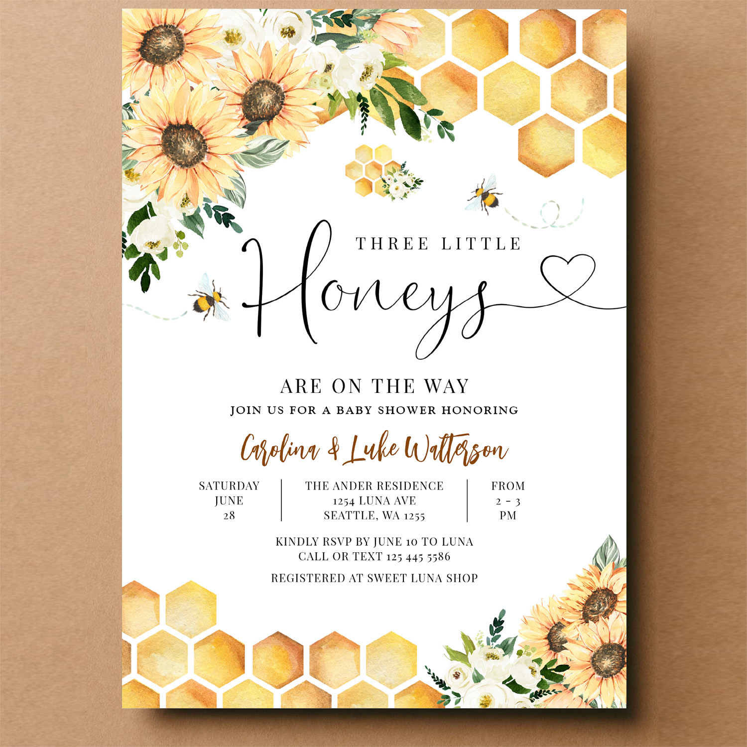 Sunflower Bee Twin Triplet Honey Baby Shower Invitation - Image 14