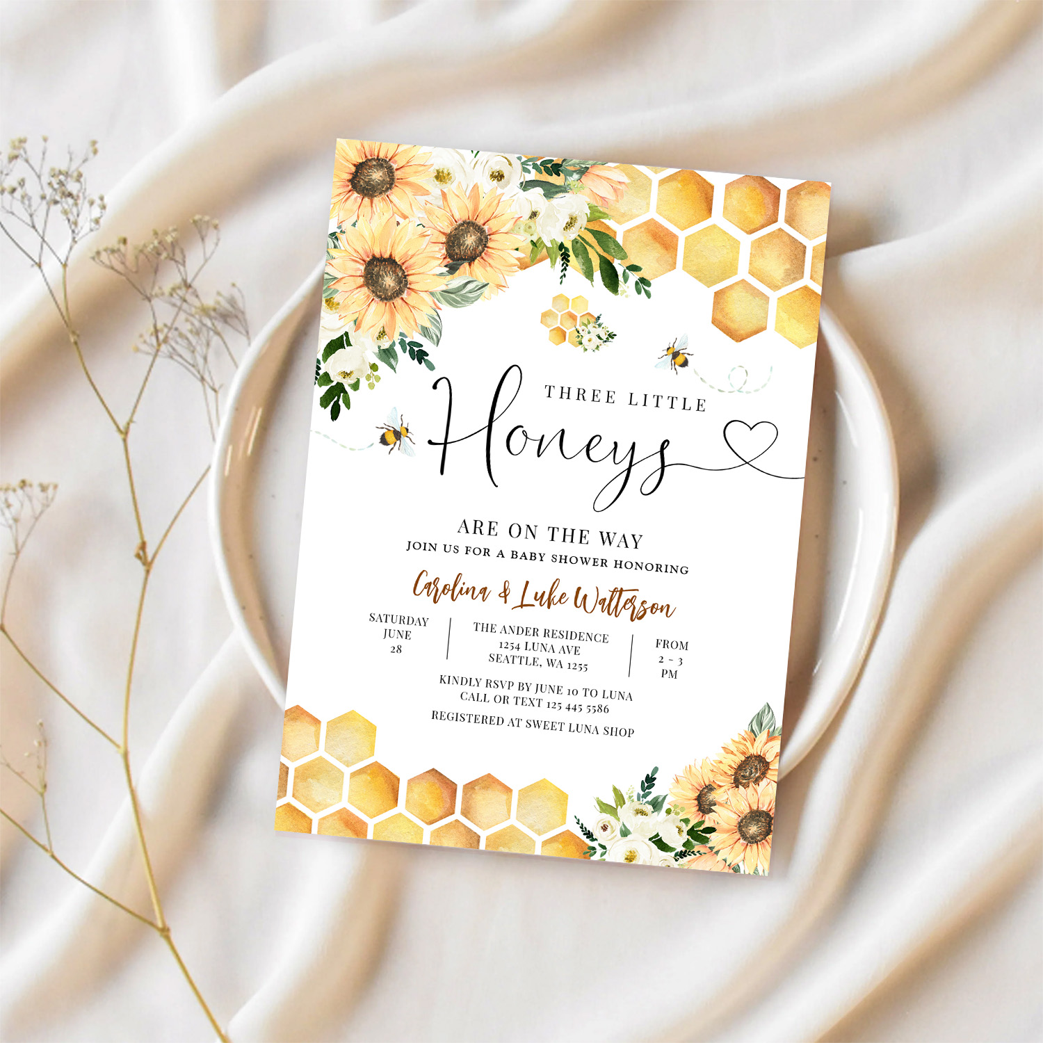 Sunflower Bee Twin Triplet Honey Baby Shower Invitation - Image 2