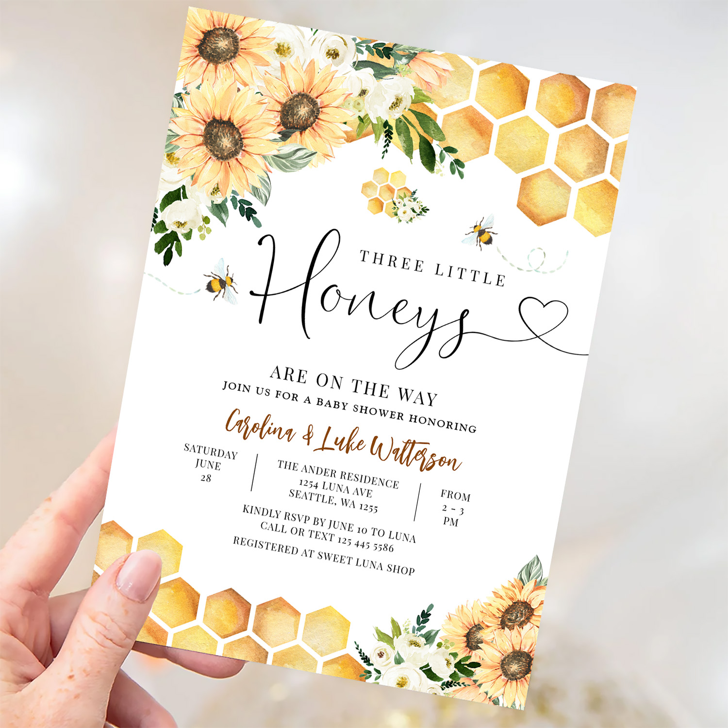 Sunflower Bee Twin Triplet Honey Baby Shower Invitation - Image 3