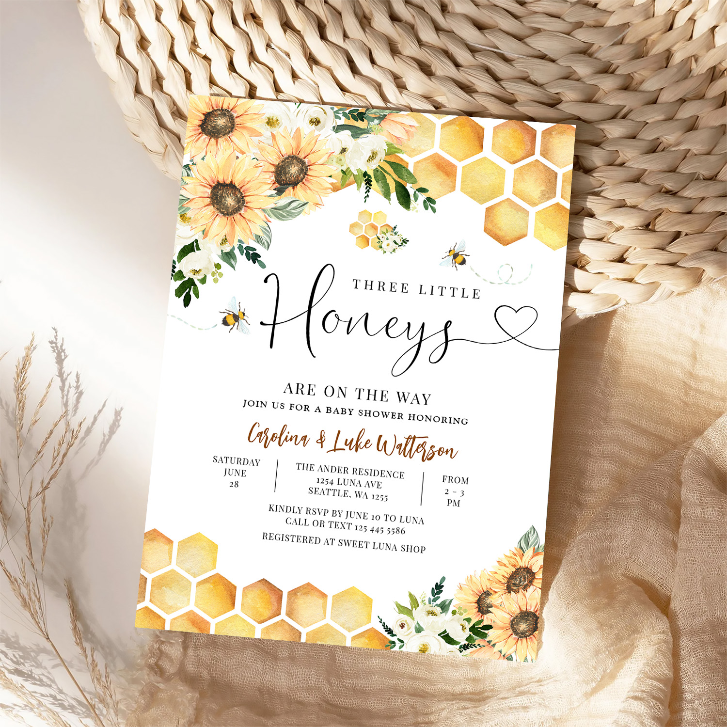 Sunflower Bee Twin Triplet Honey Baby Shower Invitation - Image 4