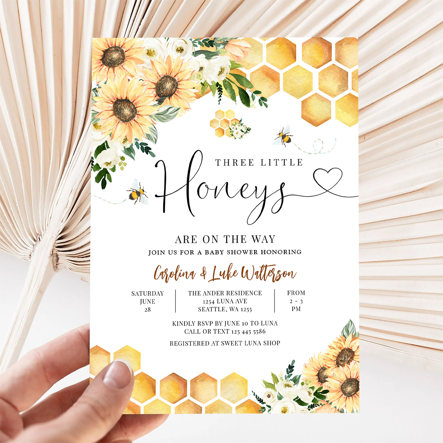 Sunflower Bee Twin Triplet Honey Baby Shower Invitation - Image 5
