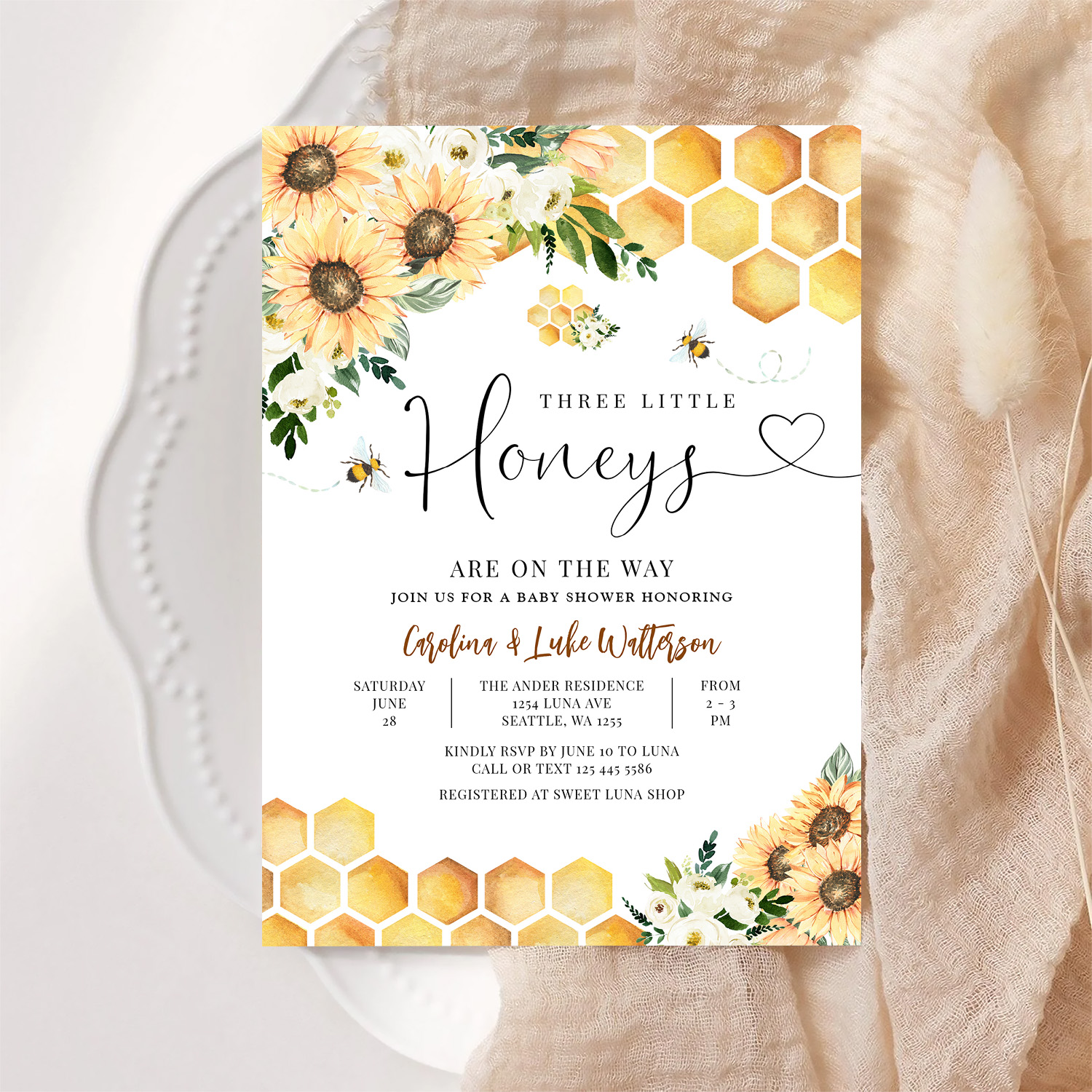 Sunflower Bee Twin Triplet Honey Baby Shower Invitation - Image 6