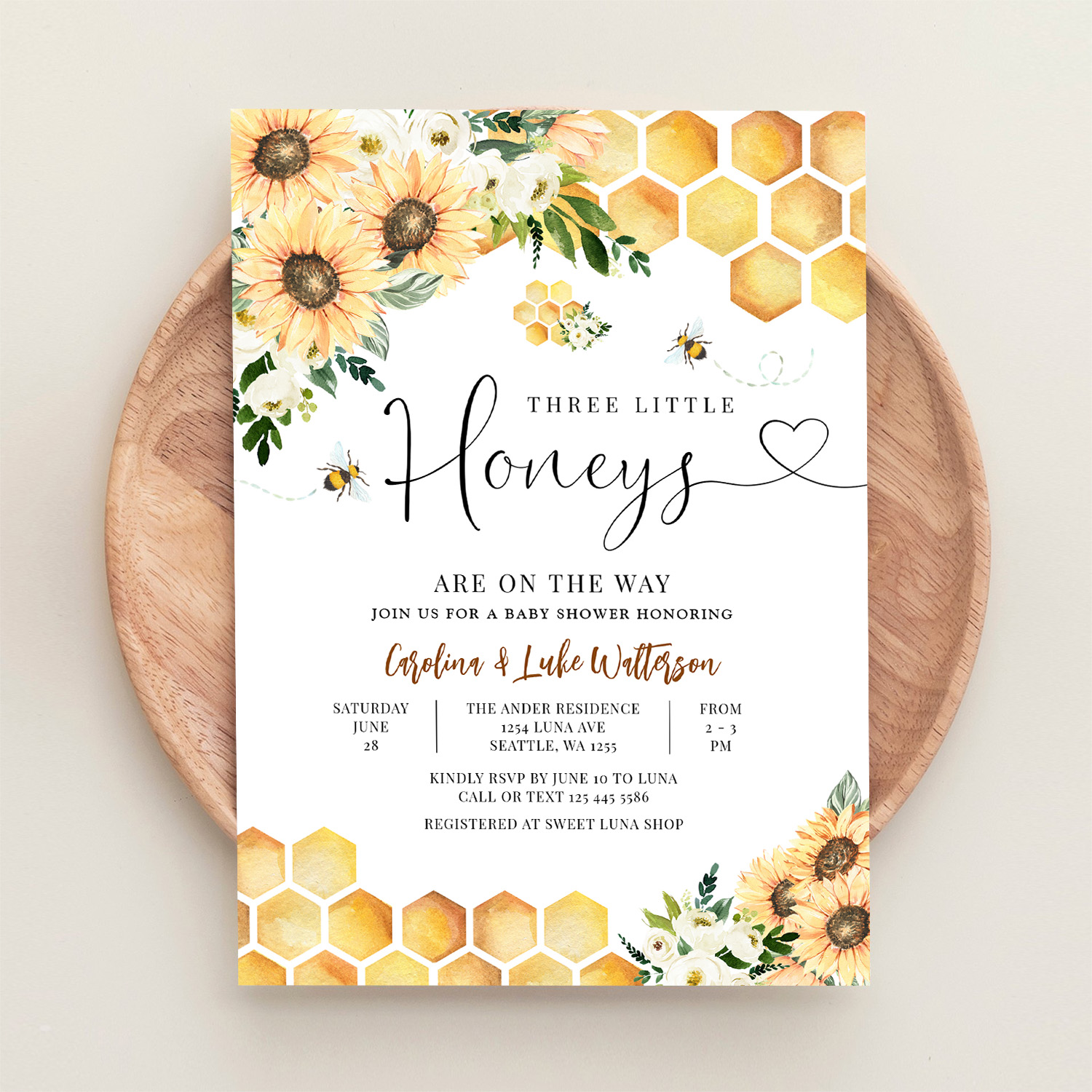 Sunflower Bee Twin Triplet Honey Baby Shower Invitation - Image 7