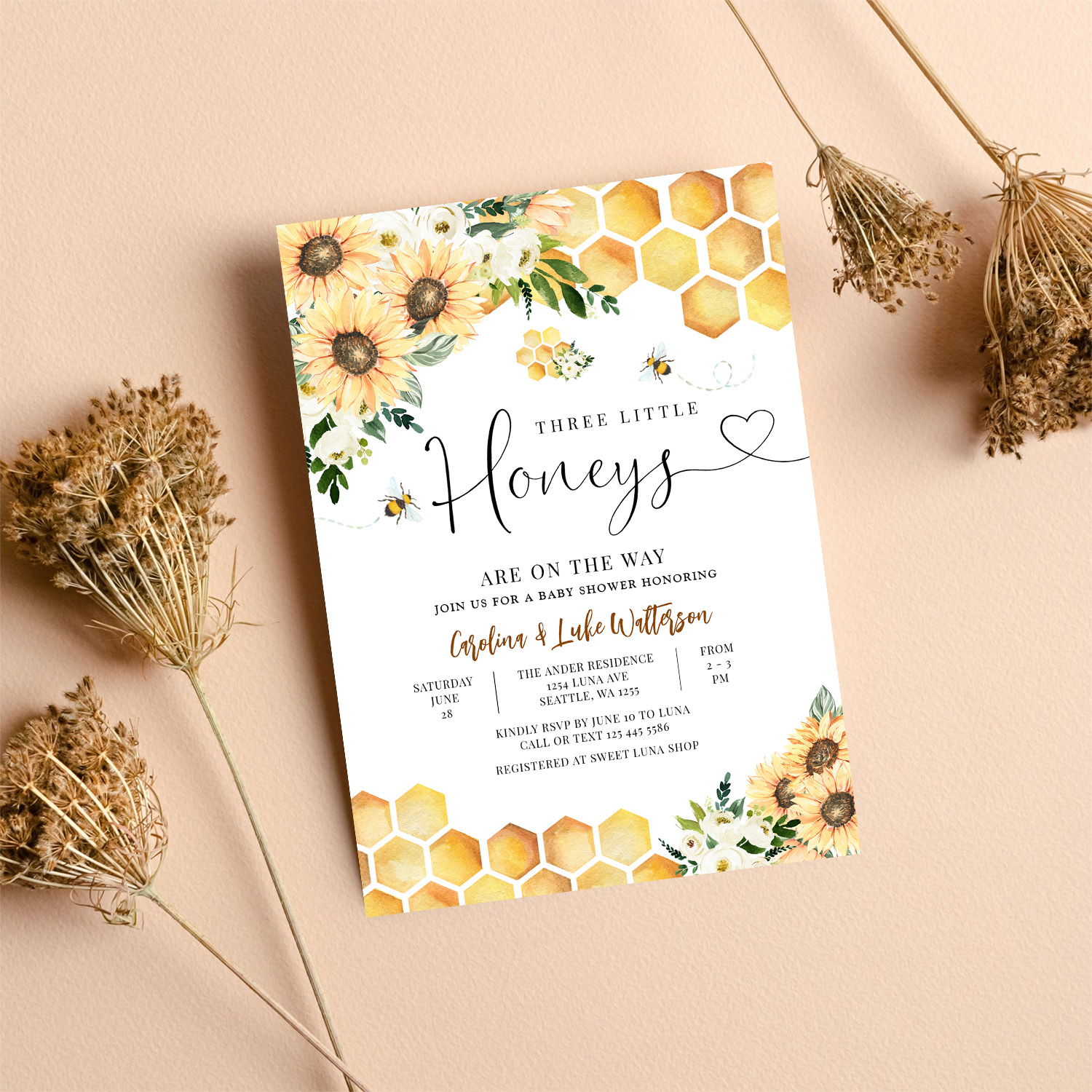 Sunflower Bee Twin Triplet Honey Baby Shower Invitation - Image 8