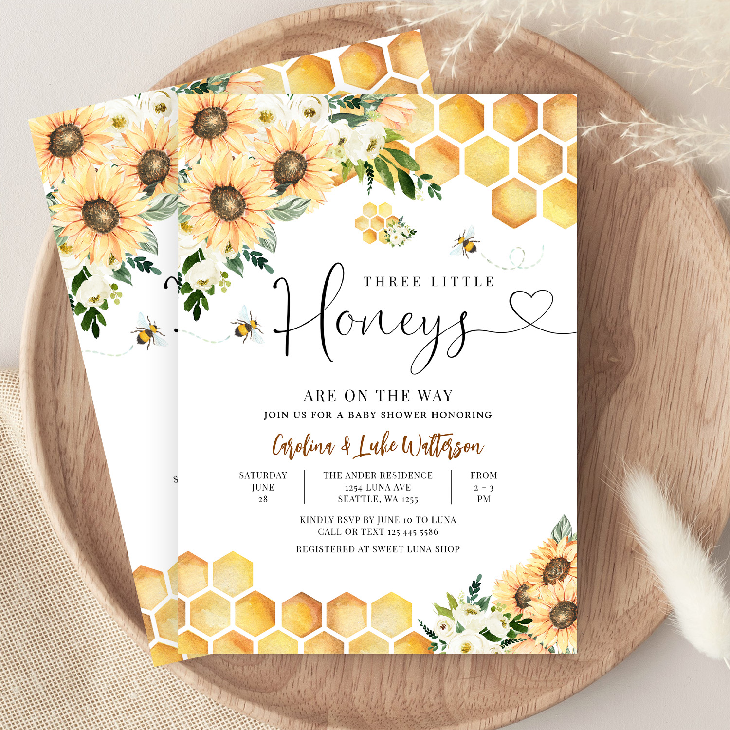 Sunflower Bee Twin Triplet Honey Baby Shower Invitation - Image 9