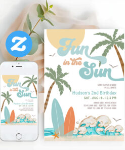Surf Surfing Fun In The Sun Birthday Beach Party Invitation