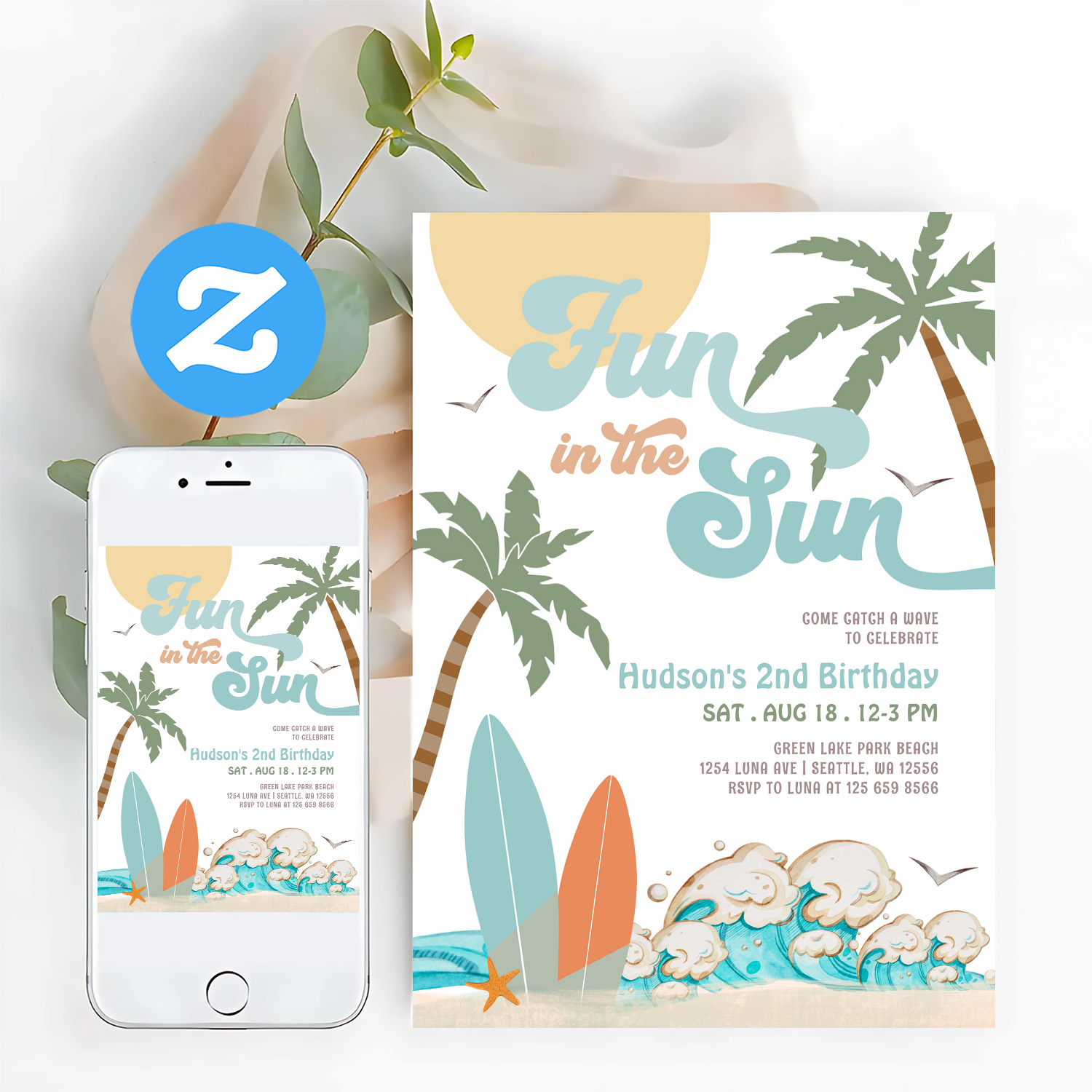 Surf Surfing Fun In The Sun Birthday Beach Party Invitation