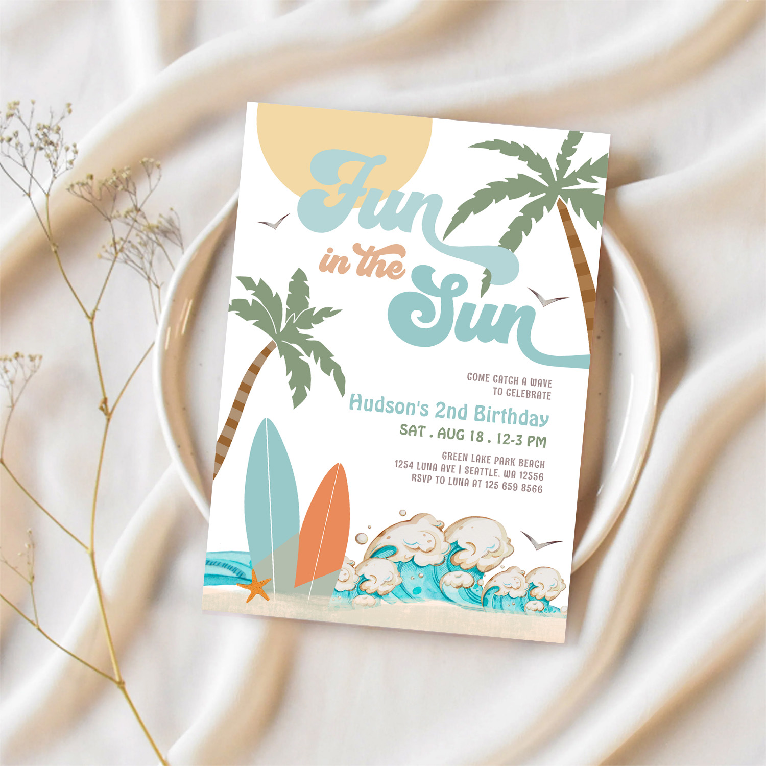 Surf Surfing Fun In The Sun Birthday Beach Party Invitation - Image 2