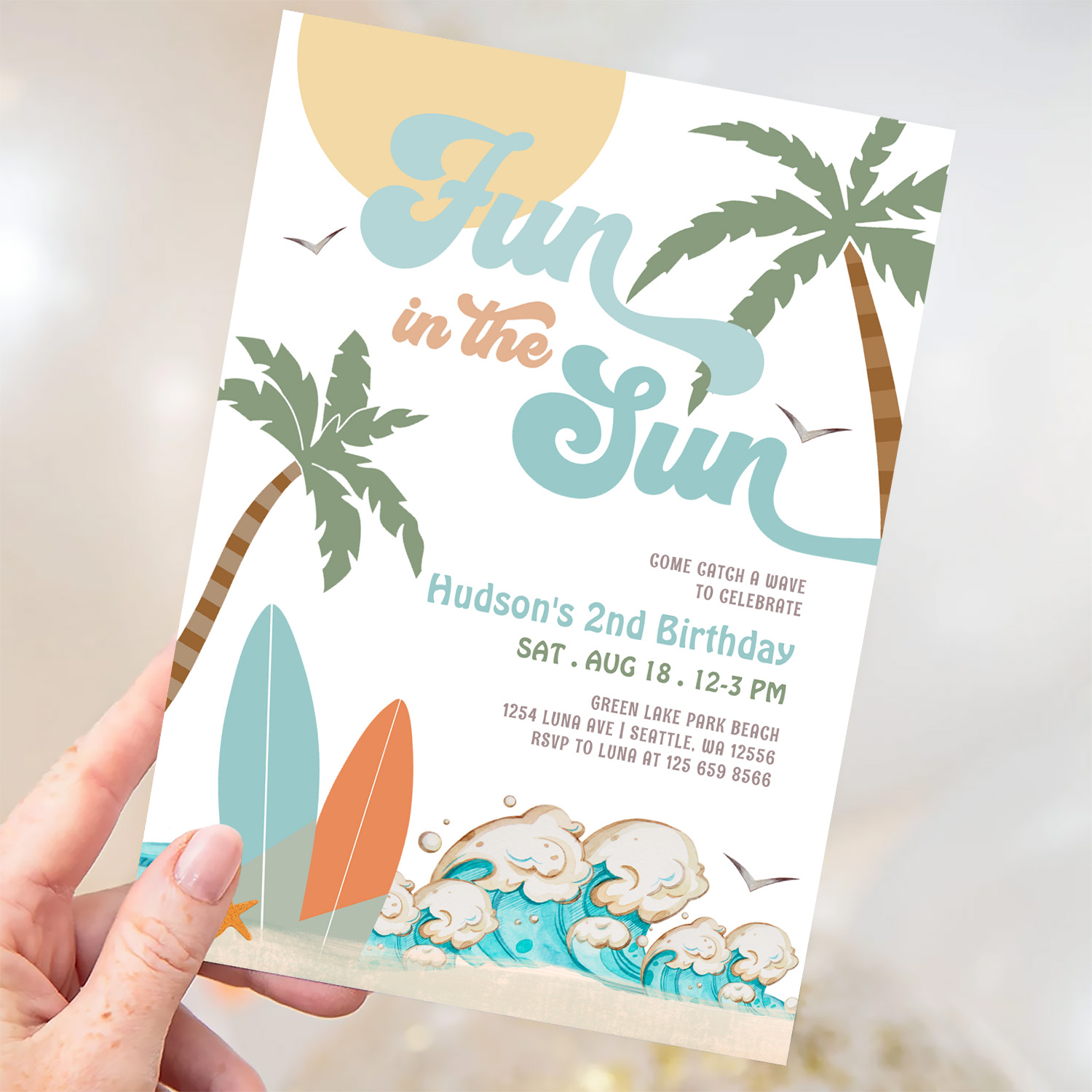 Surf Surfing Fun In The Sun Birthday Beach Party Invitation - Image 3