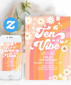 Ten Is A Vibe Bright Pink 10th Groovy Birthday Invitation