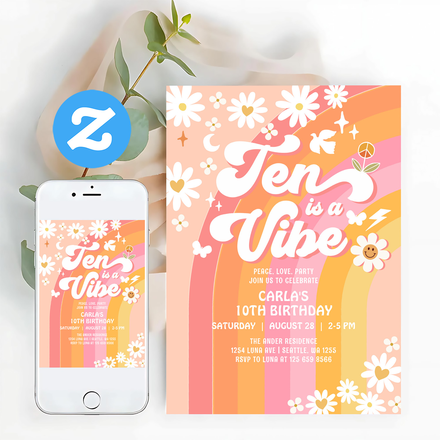 Ten Is A Vibe Bright Pink 10th Groovy Birthday Invitation