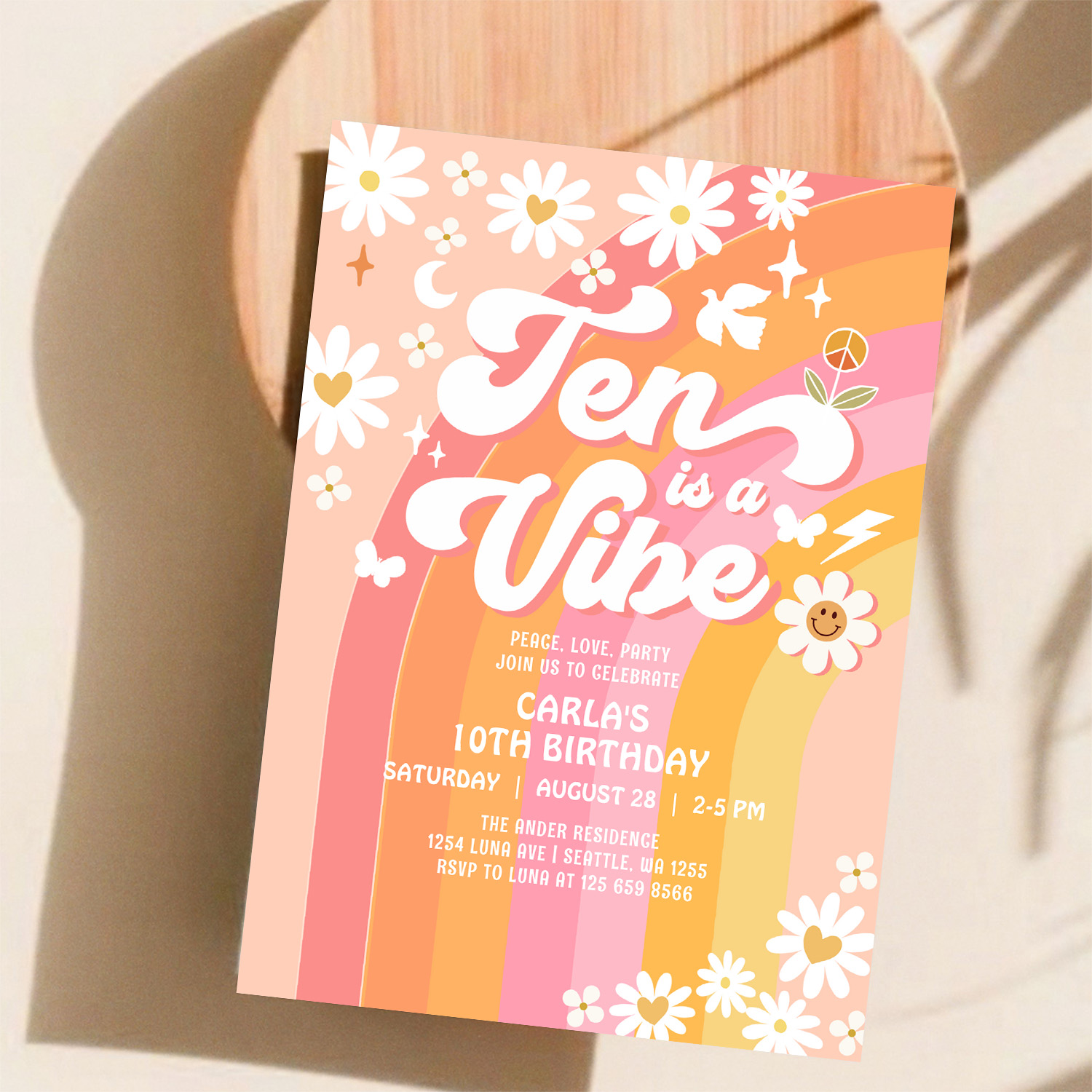 Ten Is A Vibe Bright Pink 10th Groovy Birthday Invitation - Image 11
