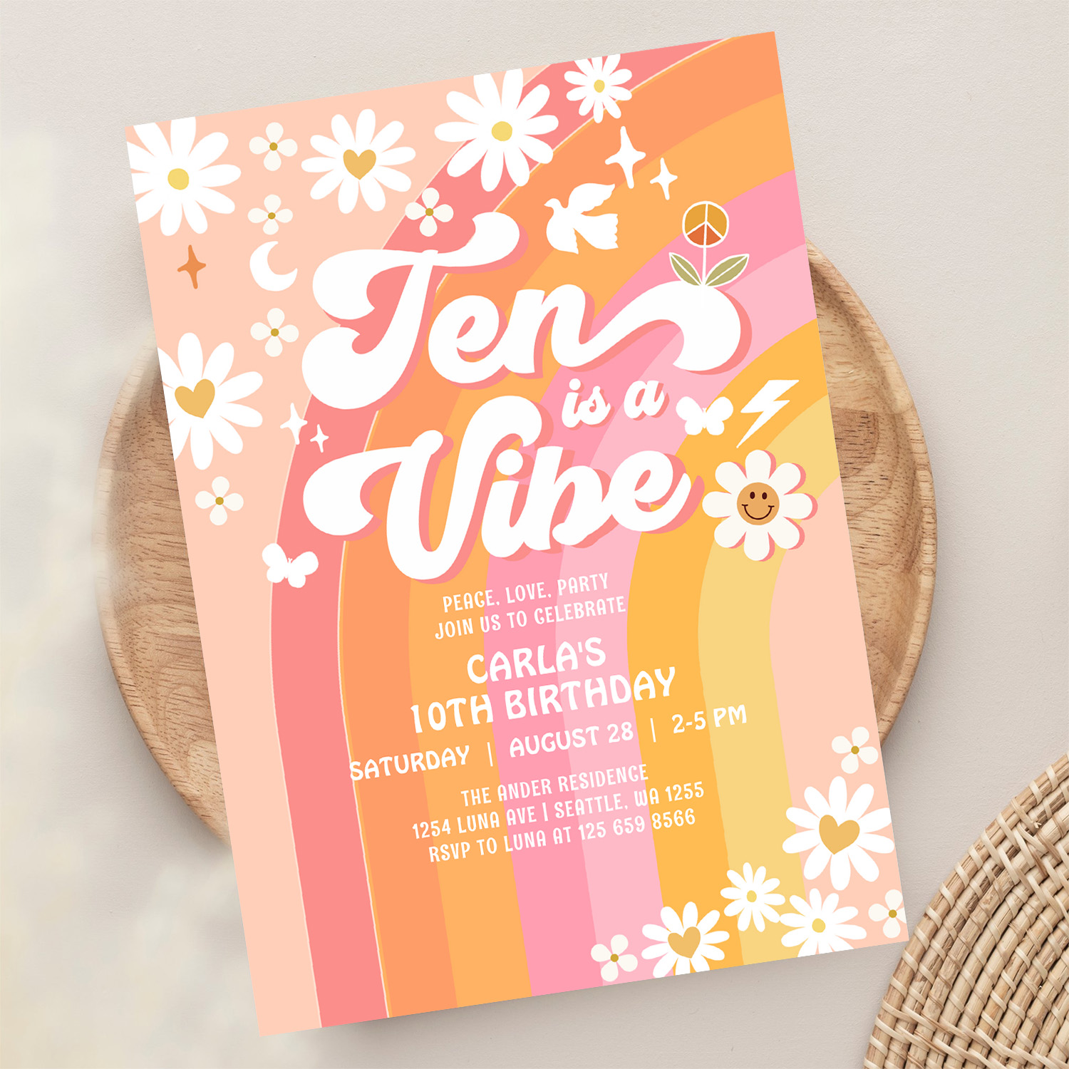 Ten Is A Vibe Bright Pink 10th Groovy Birthday Invitation - Image 13