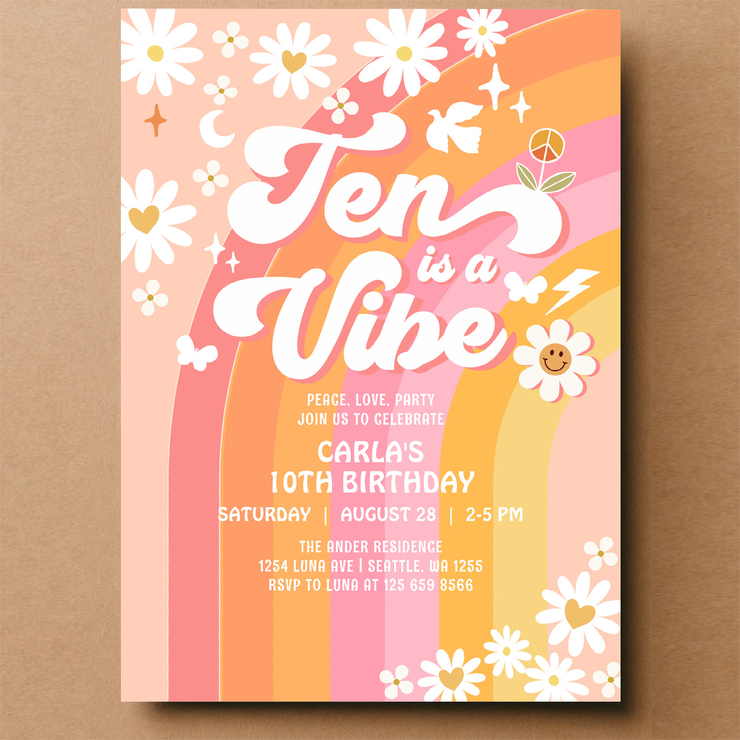 Ten Is A Vibe Bright Pink 10th Groovy Birthday Invitation - Image 14