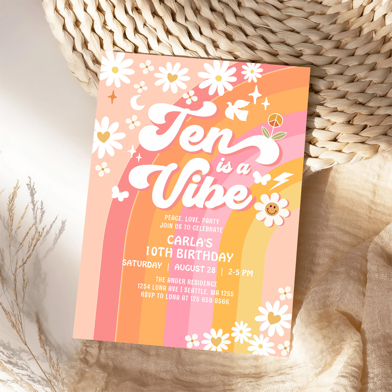 Ten Is A Vibe Bright Pink 10th Groovy Birthday Invitation - Image 4
