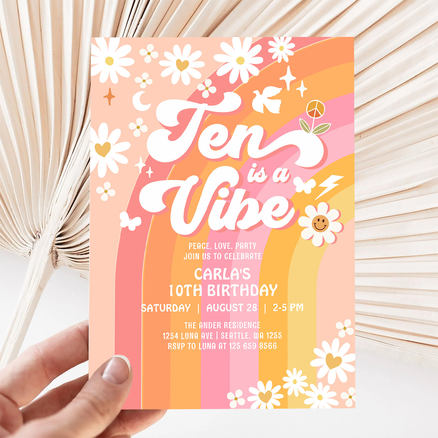 Ten Is A Vibe Bright Pink 10th Groovy Birthday Invitation - Image 5