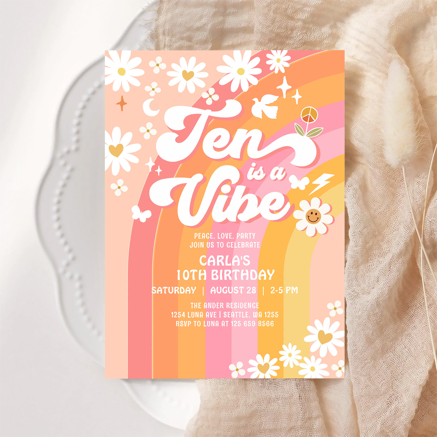 Ten Is A Vibe Bright Pink 10th Groovy Birthday Invitation - Image 6