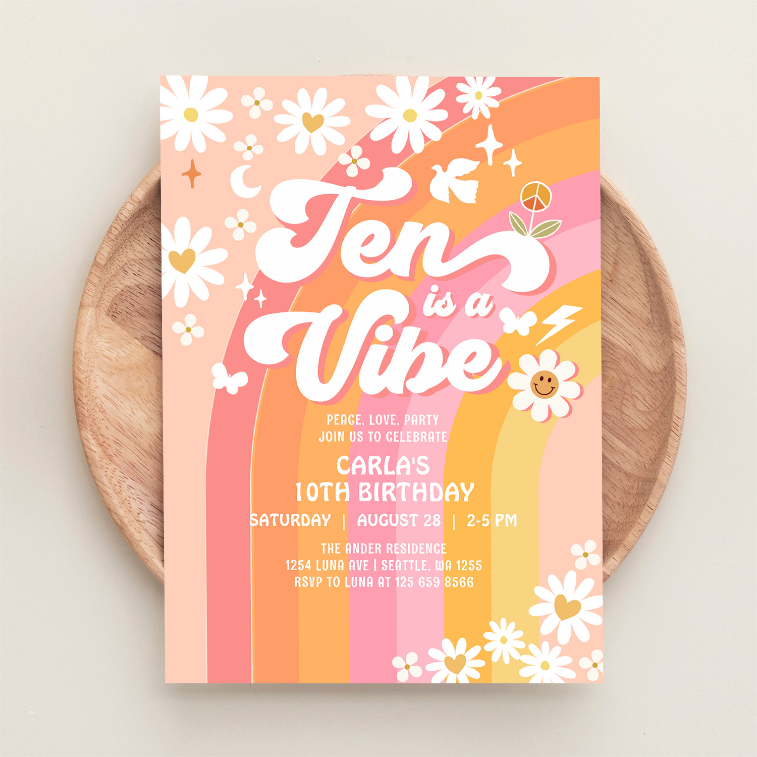 Ten Is A Vibe Bright Pink 10th Groovy Birthday Invitation - Image 7