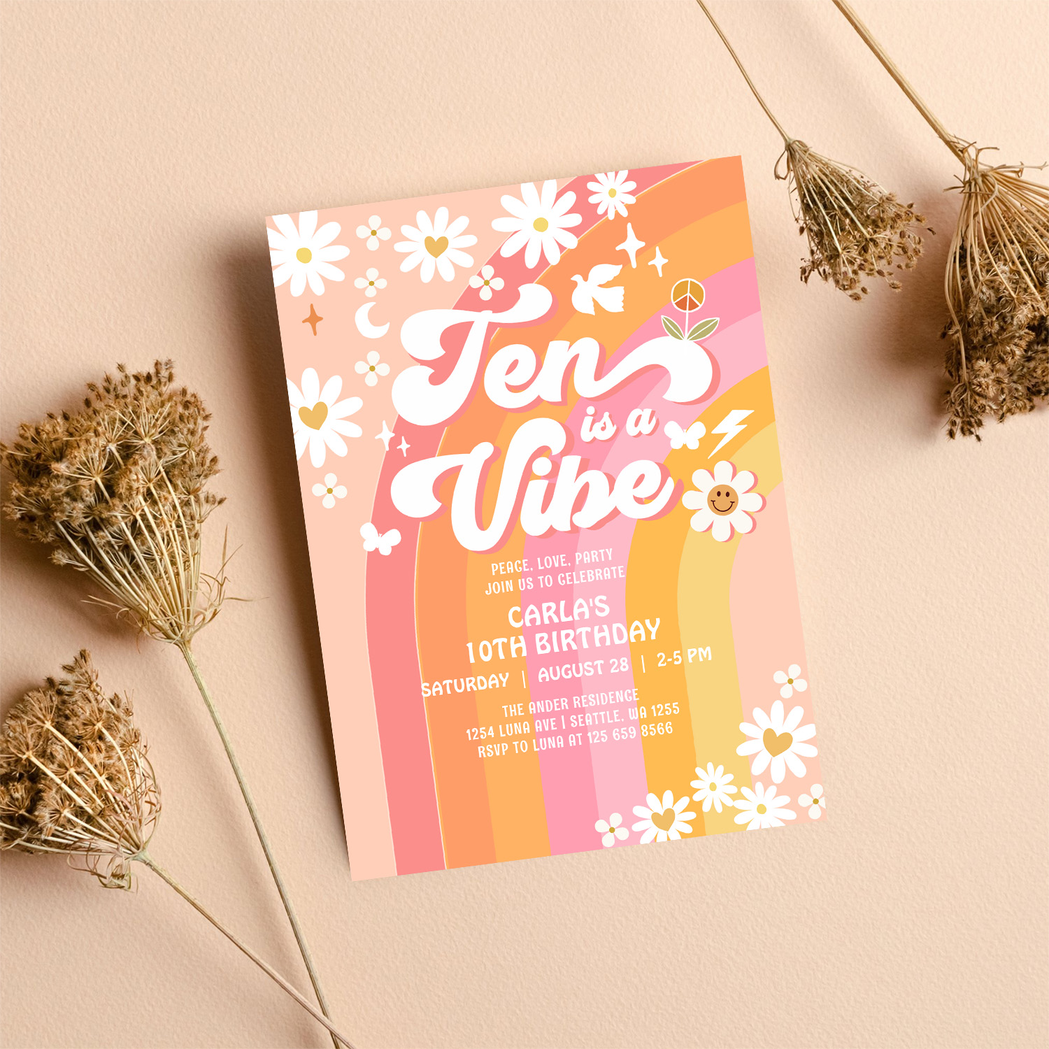 Ten Is A Vibe Bright Pink 10th Groovy Birthday Invitation - Image 8