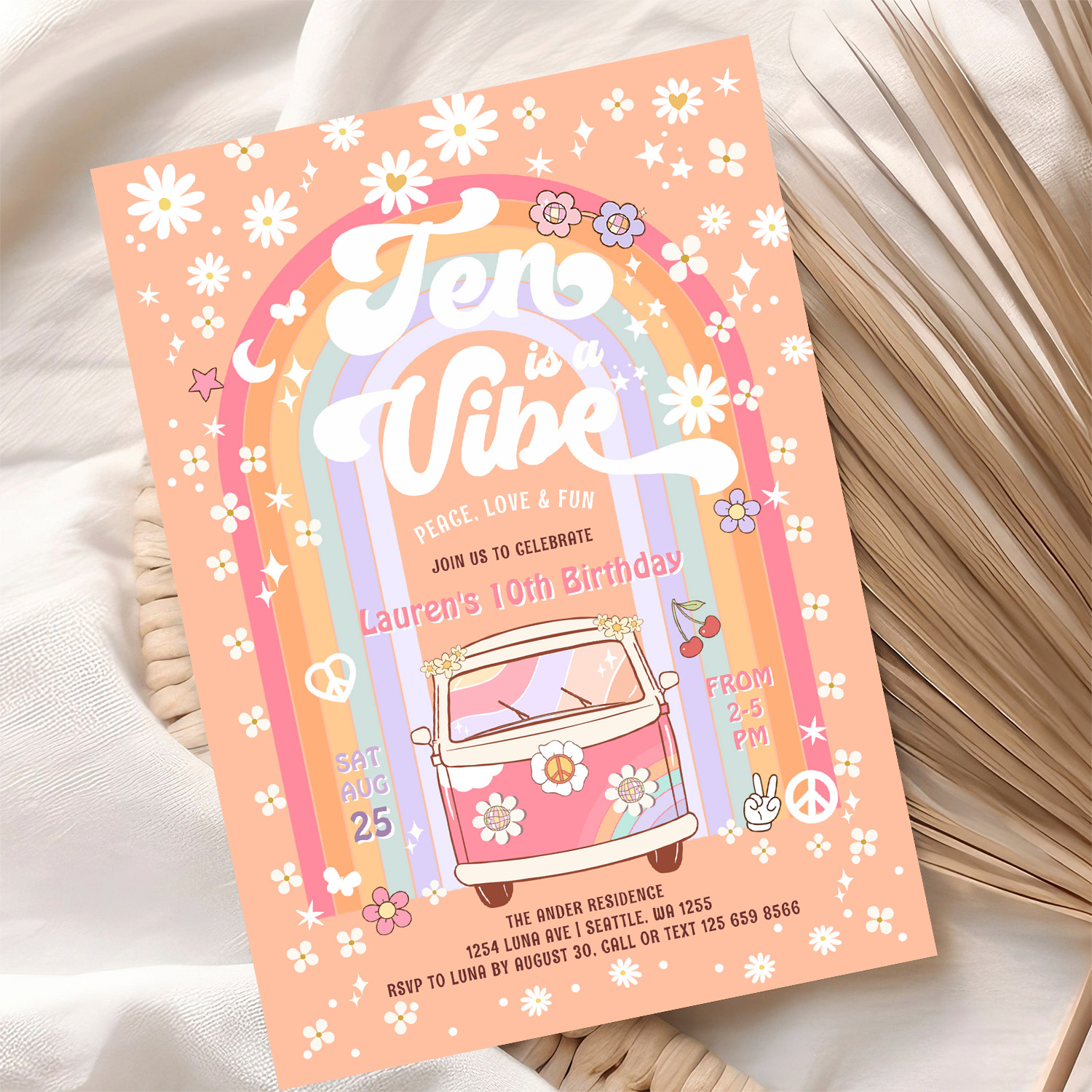 Ten Is A Vibe Daisy Groovy Van 10th Birthday Invitation - Image 10