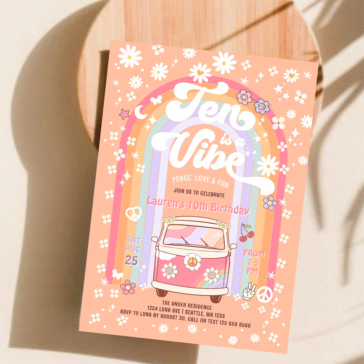Ten Is A Vibe Daisy Groovy Van 10th Birthday Invitation - Image 11